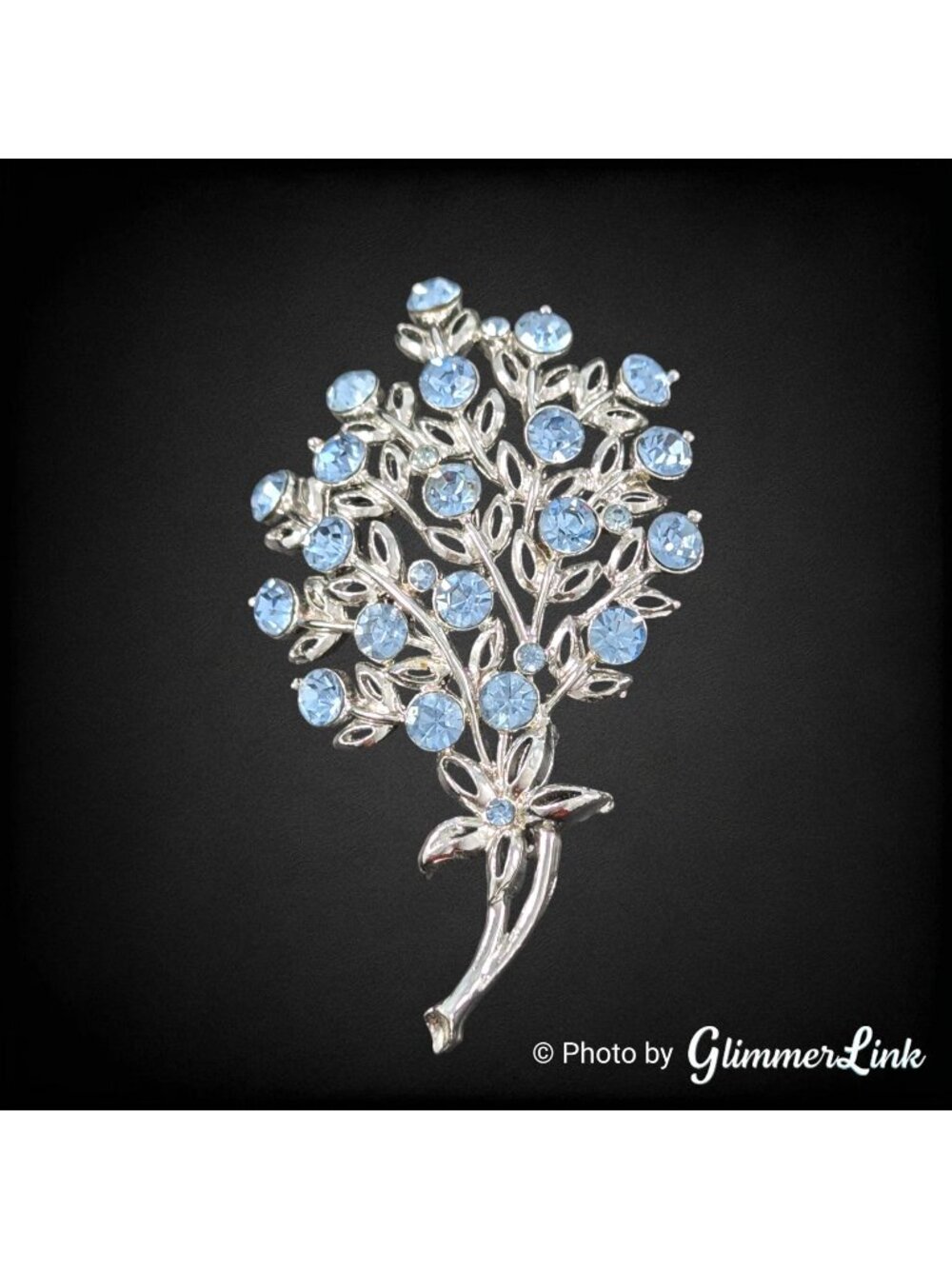 Vintage 1960s Icy Blue Rhinestone Floral Spray Silver Tone Brooch